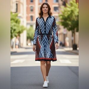 NY Collection Long Sleeve Dress with Black, White, and Red Pattern